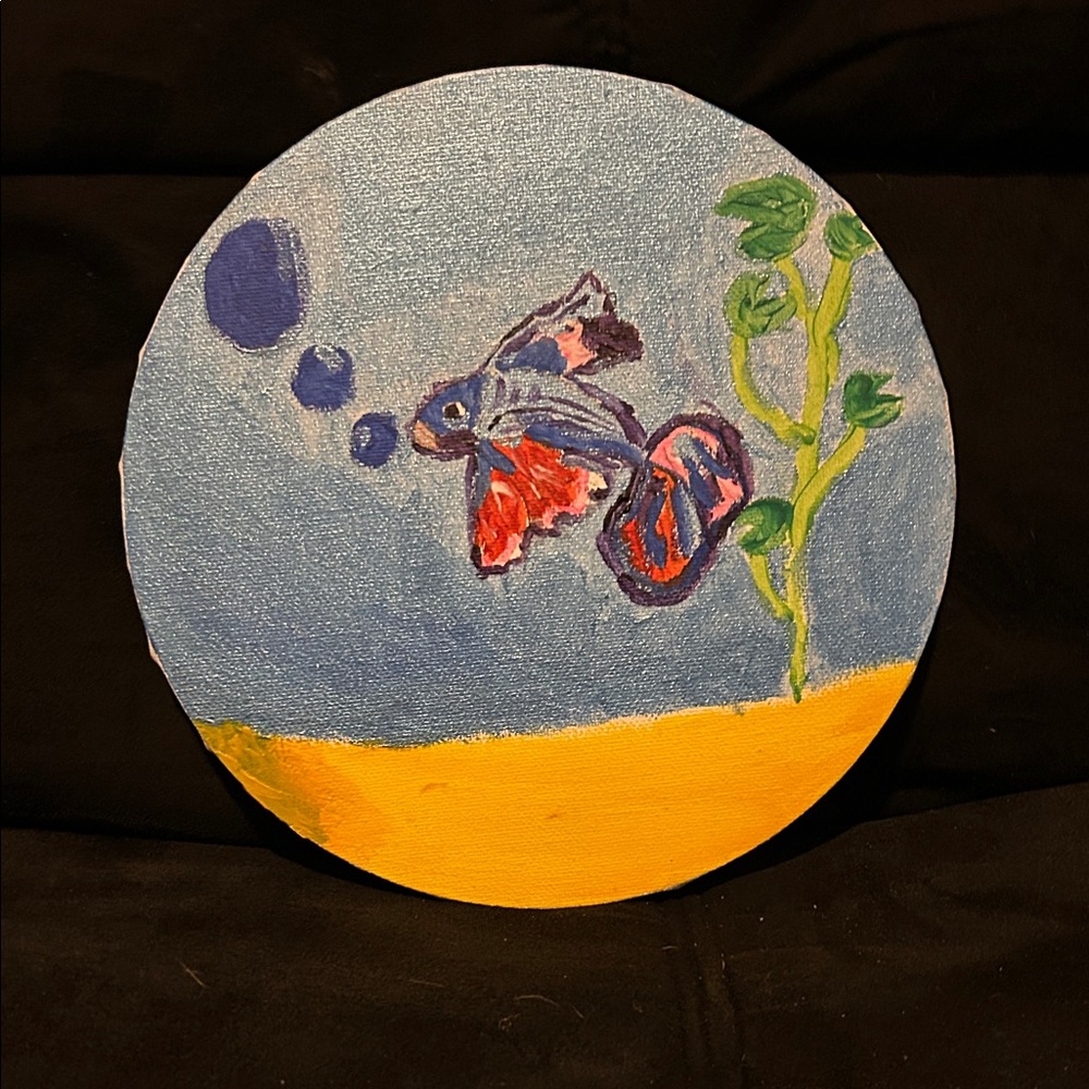 Handmade Colorful Fish Art on Round Canvas: “Betta in a Fishbowl”